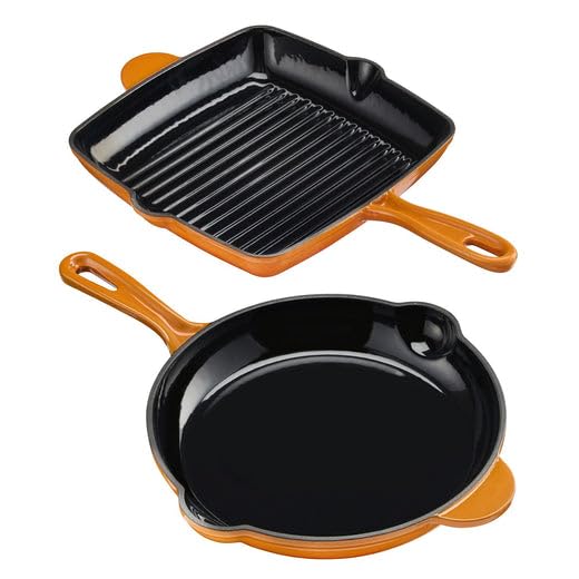 Cooks Professional 2 Piece Cast Iron Frying Pan & Skillet Set | Heavy-Duty Cooking Pans with Enamel Interior | Oven Safe to 260°C, Induction & All Hob Compatible | PFAS, PFOA & PTFE-Free | Orange