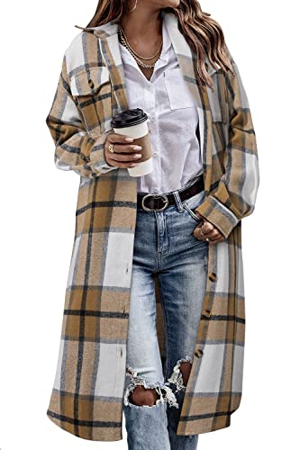CHICZONE Womens Casual Lapel Button Down Long Plaid Shirt Flannel Shacket Jacket Tartan Trench Coat Yellow XL