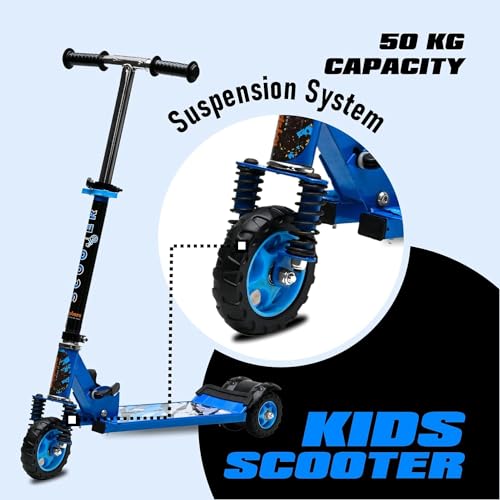 Image of Kick Steel Scooter for Kids, 3 Adjustable Height Scooter, Foldable & Attractive PVC Wheels with Rare Brakes for Kids Age Upto 3+ Years Strong Steel Base Heavy Dute Upto 70kg (with Shocker) (Blue)