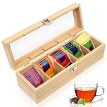 SiGuLiKeJi Wooden Tea Box Organiser, Bamboo Tea Boxes with Compartments 5, Tea Bag Storage Organiser with Clear Window, Tea Caddy for Tea Bags Coffee Spices Home Kitchen Bar, 11.8x3.94x3.54