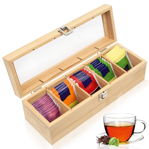 Teebox Groß, Bambus Teeboxen für Teebeutel, Teebox Holz Tee Organizer, Teeboxen für Teebeutel Organizer mit 5 Fächer, Tee Aufbewahrungsbox, Kaffee Gewürze Tee Box Aufbewahrung...