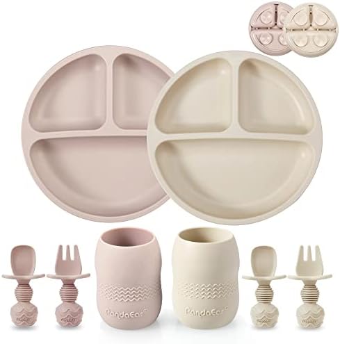 PandaEar Silicone Baby Feeding Set| 2 Pack Silicone Divided Suction Plate and 2 Pack Tiny Cup with 2 Spoons 2 Forks| Baby Led Weaning Supplies Self Feeding Eating Utensils (Light Tan/Pink)