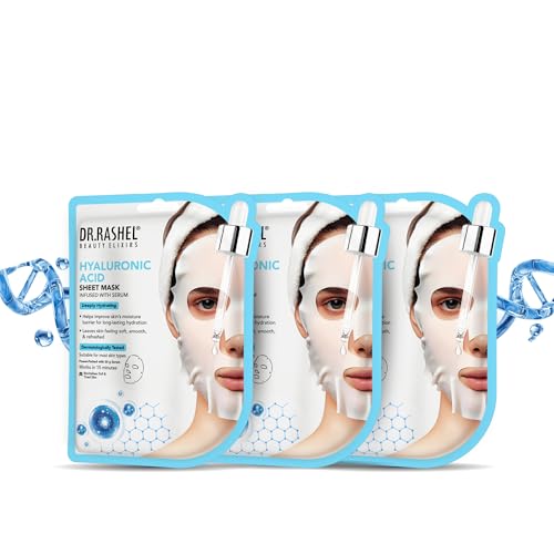 Image of DR.RASHEL Hyaluronic Face Sheet Mask With Serum For Women and Men | All Skin Types | Soft and Healthy Skin | Deep Cleansing & Oil Control | Repairing & Nourishment | Soothing And Hydrating | Paraben Free | Pack Of 3 | 20 Grams Each