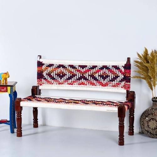 Image of Srima Wooden Bench for Living Room | Handcrafted Sheesham Wood Backrest Bench for Balcony & Garden | Traditional Patio for Outdoor with Chindi & Cotton Handwoven Rope | Chindi & White