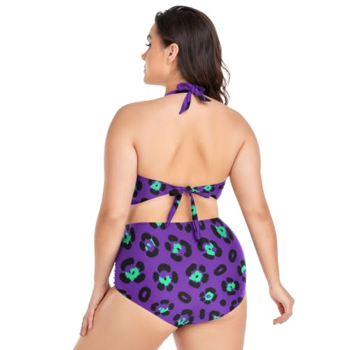 Bikini taille haute réglable violet anti-complexes à imprimé léopard dos nu - 4