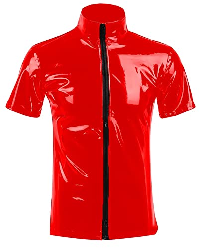 Image of AIEOE Men's Leather Metallic Shirts Shiny Slim Fit Stretch Top Wetlook Club Party Undershirts