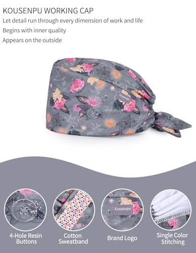 Image of Kousenpu Scrub Caps for Women, Adjustable Women's Surgical Cap with Buttons, Breathable Cute Design for Nurses and Doctors