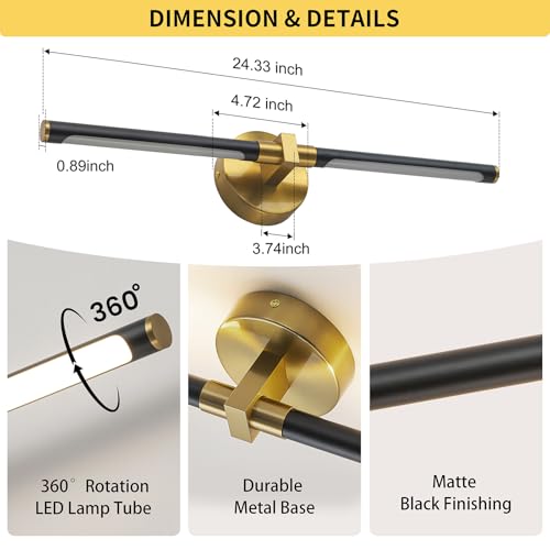 Image of 2026 Upgrade Black Brushed Gold Vanity Light, 18W Brighter 24 inch Gold Bathroom Light Fixtures Linear Modern LED Bathroom Lights Vanity Lighting Fixtures Over Mirror Light Bar, 360 Rotable 4000K CRI 90+