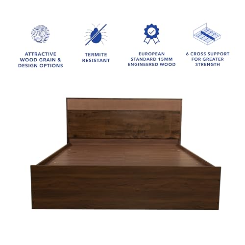 Image of DF2H Bed | 1 Year Warranty | Double Bed, Queen Size, Eurotas Rattan Soft Embossed Solid Wood Headboard, Non-Woven Base & 3mm MDF, Walnut Colour (Melamine Finish)