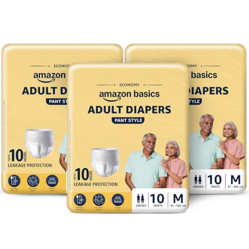 Image of Amazon Basics Economy Adult Diapers Pant Style for Men & Women | Medium Size | 30 Count (10 x Pack of 3) | Up to 8 Hours Absorbency | Wetness Indicator | Soft & Comfortable | Disposable | White