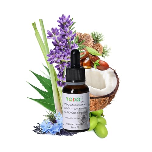 YODO’s Zeckenschreck, Protección contra garrapatas 100% Natural, Aceite antigarrapatas para Perros y Gatos a Base de 7 aceites orgánicos, 500 Gotas 20ml Botella pipeta, Lavanda
