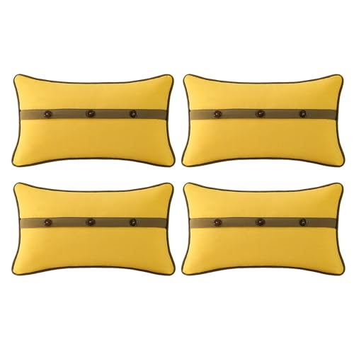 Supdurplus Outdoor Sunbrella Decorative Pillows with Triple Coconut Buttons Pack of 4, 20" x 12" Outdoor Pillow Set for Couch Bed Throw Patio Sofa, Spectrum Daffodil/Canvas Cocoa