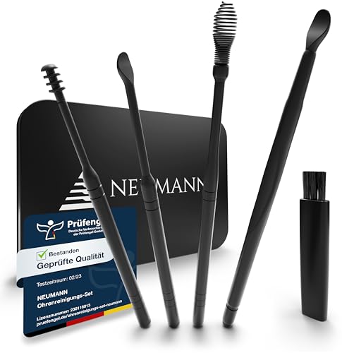 NEUMANN® Wiederverwendbares Ohrenreinigungs-Set - rostfreier Edelstahl - Handliche Aufbewahrungsbox (Schlinge, Spirale & Löffelform) Premium Ohrenschmalz-Entferner für Erwachsene [Schwarz Eloxiert]