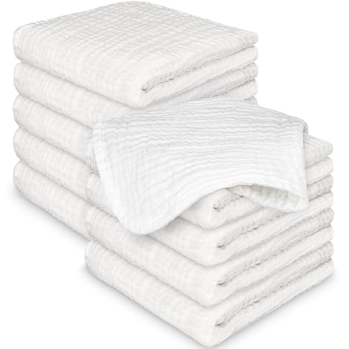Image of 10-Pack Muslin Baby Washcloths for Newborn - 12x12 inch Soft Absorbent Organic Cotton Muslin Wash Cloths for Babies Girl, Boy, Infant, Toddlers, Kids Face Towel,Bath Essentials,Baby Burp Rags (Soft White)