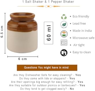 The Decor Lane Salt Pepper Set for Dining Table & Kitchen | Ceramic Salt and Pepper Shakers, Salt Pepper Dispenser, Container, Sprinkler | Home | Cafe | Office - 60 ML (Brown)