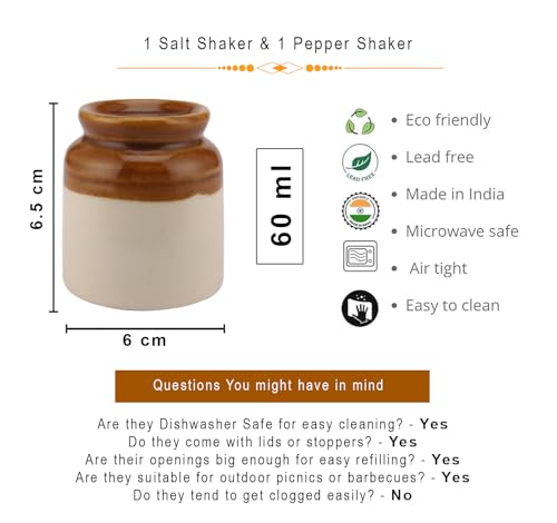 The Decor Lane Salt Pepper Set for Dining Table & Kitchen | Ceramic Salt and Pepper Shakers, Salt Pepper Dispenser, Container, Sprinkler | Home | Cafe | Office - 60 ML (Brown)