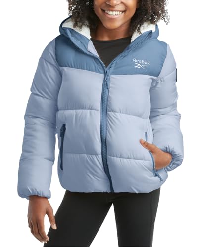 Image of Reebok Girls Heavyweight Poly Taffeta Puffer Jacket with Sherpa Hood | Insulated Quilting Locks in Warmth, Zip-Up Closure, Secure Pockets for Gloves, Cozy Protection for Cold-Weather Play