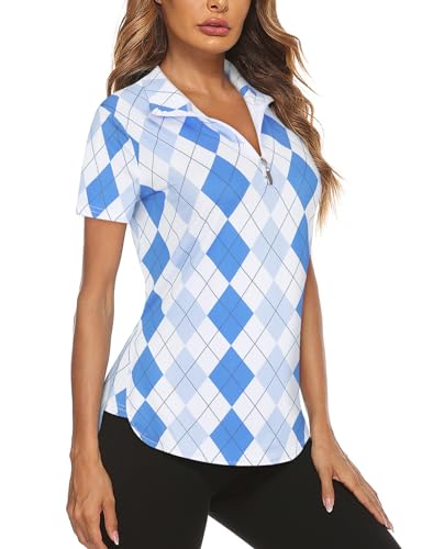 Gemulate Womens Golf Shirts Zip Front Short Sleeve Sports Tops Ladies Quick Dry Shirts v Neck Moisture Wicking Clothes Blue Plaid M