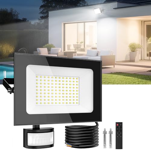 Sararoom Focos LED Exteriores con Sensor de Movimiento 100W, 10000LM Foco Proyector LED, 6500K Blanca fría Luz de Seguridad, IP65 Impermeable Floodlight para Jardín Garaje Patio Estadio Hotel Naves