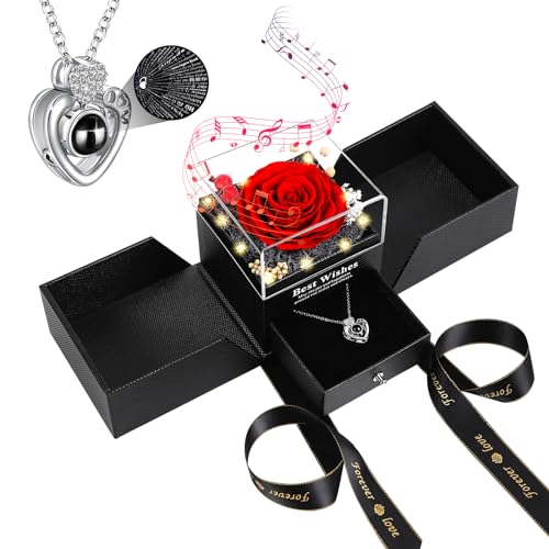 Palqfl Preserved Red Real Rose with Heart I Love You Necklace - Eternal Flowers Rose Romantic Gifts Box for Her Girlfriend Mom Wife Grandma on Valentines Mothers Day Christmas Anniversary (Red)