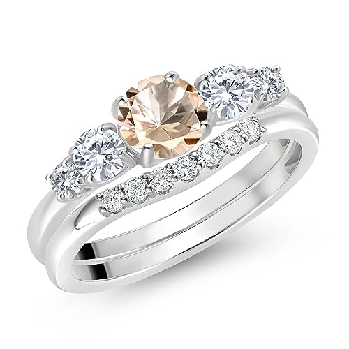 Gem Stone King 10K White Gold Peach Morganite and VVS-VS Lab Grown Diamond 5-Stone Bridal Engagement Wedding Ring Set For Women | 0.71 Cttw | Round: 5MM and 3MM | Available in Size 5,6,7,8,92