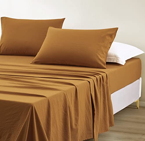 Chezmoi Collection Stone Washed Split King Size Sheet Set - 5-Piece Extra Soft Breathable Wrinkle & Fade Resistant 14-Inches Deep Pocket Sheets & Pillowcases Set - Split King, Spice