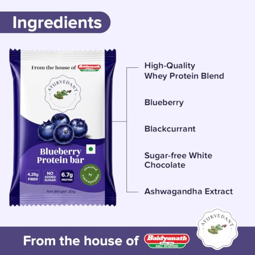 Image of Ayurvedant Blueberry Protein Bar, 6.7g High Protein, No Added Sugar, Energy Snack for Gym & Fitness, 20g