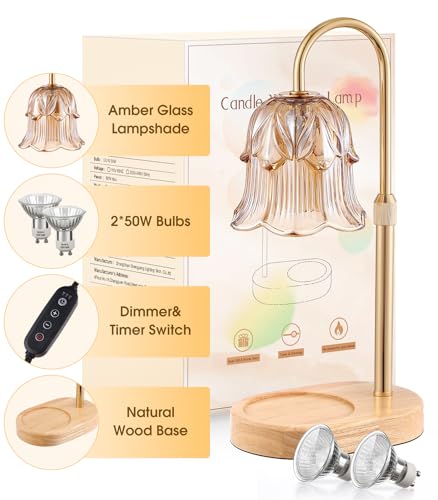 Candle Warmer Lamp Adjustable Timer - Electric Flower Glass Candles Warmers Adjustable Height Dimmable Vintage Base Modern Wax Candles Top Warmers for Small Jar Scented Wax Melts - Thumbnail 6