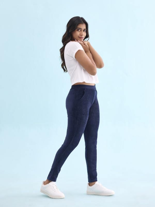 Image of GO COLORS Solid Corduroy Treggings for Women | Warmtech, Mid Rise, Side Pocket