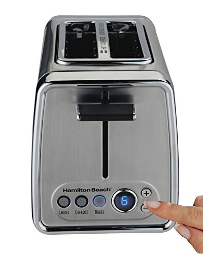 Image of Hamilton Beach Modern Chrome Digital 2 Slice Extra Wide Slot Toaster with Bagel and Defrost Settings, Shade Selector, Toast Boost, Slide-Out Crumb Tray, Auto-Shutoff and Cancel Button (22792)