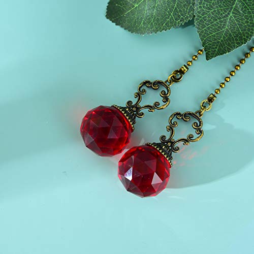 Image of Set of 2 Vintage-Style Red Fan Pull Ceiling Fan Chain Pulls Crystal Prism Ball