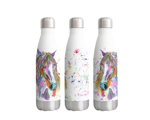 Vixar Horse Watercolour Farm animals rainbow art Bottle double Wall insulated Stainless steel sport Drinks 500ml WHITE Gift ideal for school work office Oudoor sports keeps Hot and Cold Drinks