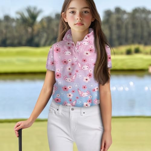 Girls Golf Shirt Short Sleeve Button Up Tennis Shirts Quick Dry Athletic Golf Tops for 5-16 Years Old Kids Teens4