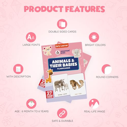 Image of SPARTAN KIDS Animals & Their Babies Flash Cards for Kids | 27 Early Learning Language Skills Flash Cards Easy & Fun Way of Learning 1 Year to 6 Years Babies