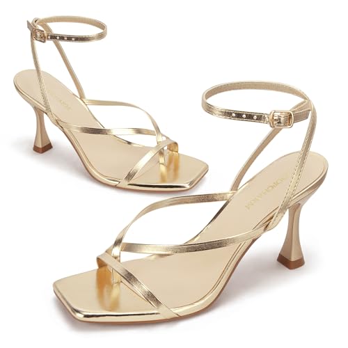 Image of Women's Strappy High Heels Sandals Square Open Toe Ankle Strap Slingback Thong Stilettos Shoes for Wedding