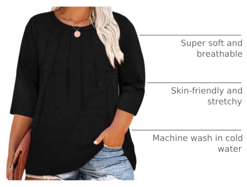 Image of Chulianyouhuo Womens Plus Size Tops 3 /4 Sleeve Casual T Shirts | Crew Neck, Pleated Blouse Tee, Dressy Casual Shirts, Loose Fit Tunic Tops, Soft Fabric, Going Out Outfits