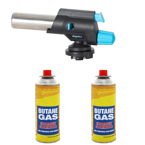 Dapetz ® Soplete con 2 botellas de gas butano – para camping, cocina, barbacoa, postres, crema brulee | Recarga de soldadura lanzallamas de encendido automático para soldar y quemar malas hierbas