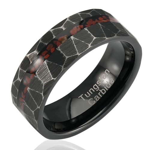100S JEWELRY Engraved Personalized Black Hammered Tungsten Rings For Men Imitated Dinosaur Bone Inlay Wedding Band Size 6-16