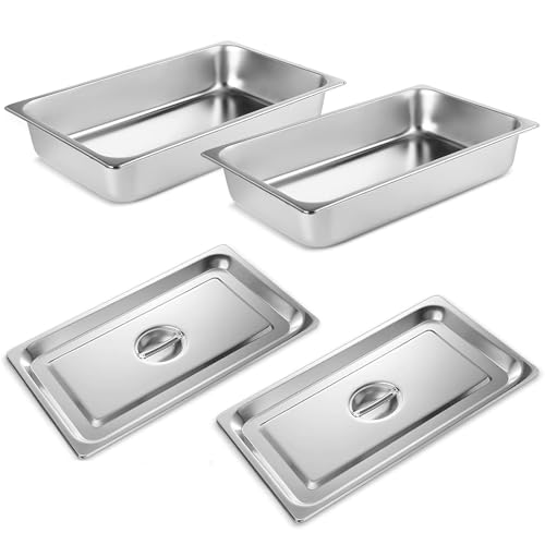 Image of VOISEN Hotel Pans with Lids 2 Pack 1 /1 Size 4 inch Deep | 1.2mm Thick Hotel Pans Full Size, Steam Table Pan for Catering Buffet Chafing Dish Pan,20.87 inchx12.8 inchx4 inch