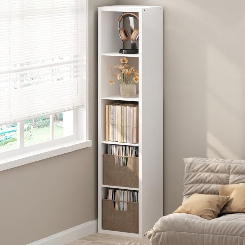 Image of Furinno Cubicle Record Player Stand, 5-Cube Vinyl Record Storage, White | Vinyl Storage, 1.2 inchInch Extra Thick, Open Back Media Shelf for CD DVD Bluray Game Disc, for Living Room, Home Office