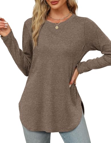 Image of XIEERDUO Womens Long Sleeve Round Neck Shirts Side Split Basic Loose Tunic Tops Casual 2026