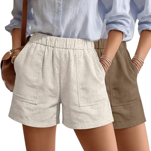 Neer 2 Pack Womens Linen Shorts Elastic Waist Casual Comfy Summer Pull on Beach Shorts with Patch Pocket(Khaki Linen XX-Large)