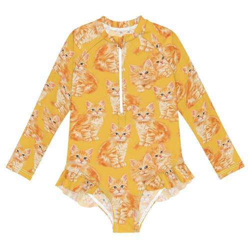 ALAZA Orange Cat Kitten Black Girls One Piece Swimsuit Long Sleeve Rash Guard Swimsuits UV 50+ Swimwear Zipper