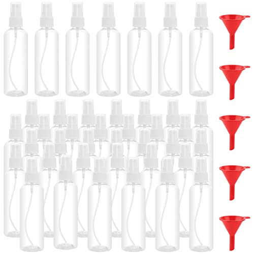 JOIKIT 40 Pack 100ml Clear Plastic Spray Bottles With Fine Mist and Lids - Refillable Travel Containers With 5 Funnels for Cleaning, Travel, Makeup