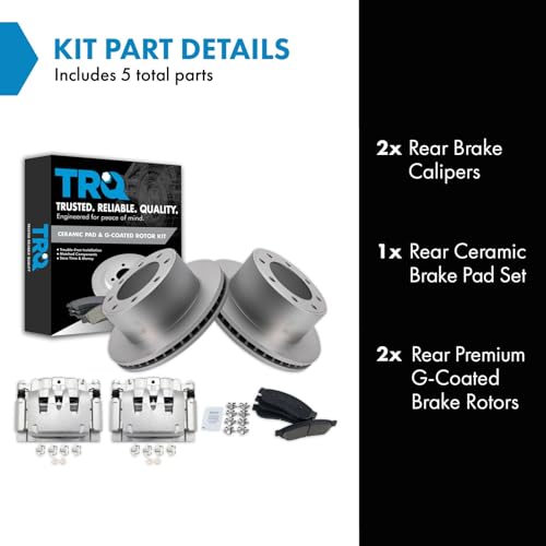 Image of TRQ Rear Brake Pad, Caliper, & Rotor Kit Ceramic Vented Premium G-Coated Compatible with 2008-2012 Ford F-250 Super Duty 2006-2012 F-350 Super Duty