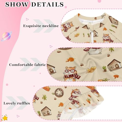 Squirrel Pattern Girls Long Sleeve Swimsuit Rash Guard One Piece Bathing Suits Zipper 3-12T4