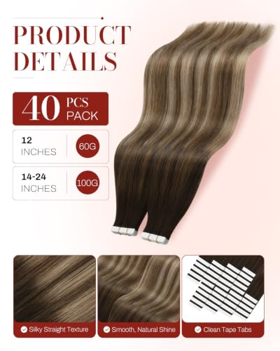Image of Moresoo Mocha Brown Balayage Tape Hair Extensions, 14 Inch, 40Pcs, 80g | Human hair tape in extensions, remy straight texture, invisible skin weft, glossy finish, full volume, polished style