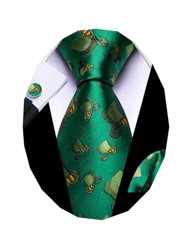 Image of Barry.Wang St. Patrick's Day Fun Animal Ties for Men Designer Handkerchief Cufflink WOVEN Casual Necktie Set Festival