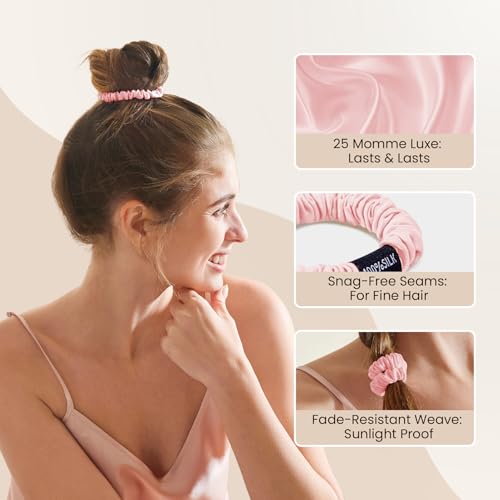 Image of THXSILK 100% Mulberry Silk Scrunchies 3-Pack, 25 Momme Mulberry Silk Hair Ties for Women, Sleek Low Profile No Damage Ponytail Holders, for Fine Hair & Everyday Use, Pink