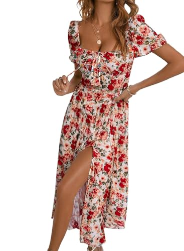 BLENCOT Womens Casual Summer Square Neck Dress Floral Print Flounce Ruched Tie Front Split Thigh Short Sleeve A Line Ladies Maxi Dresses P1420Orange Medium Size